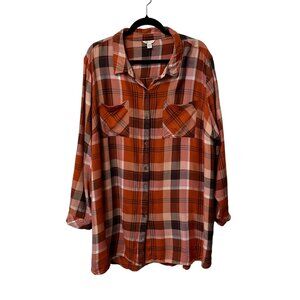 CATO PLAID TUNIC TOP BUTTON UP SHIRT LONG SLEEVE POCKETS WOMEN'S 26/28 ORANGE